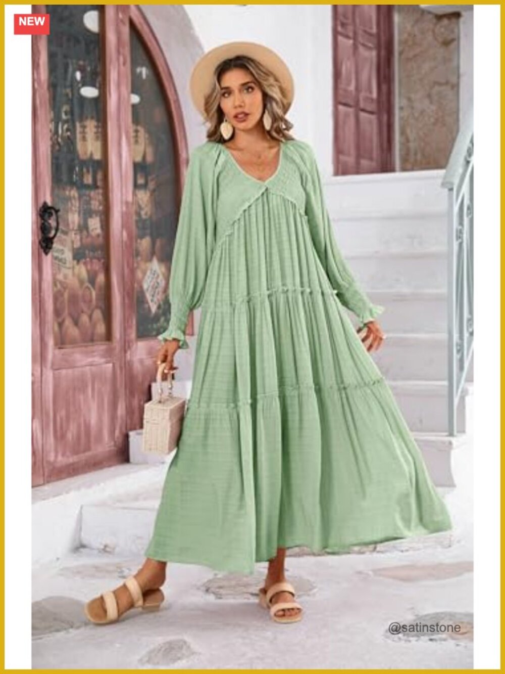 Flowy Maxi Dress Long Sleeve V Neck Empire Waist Ruffle Boho Casual - Picture 3 of 7